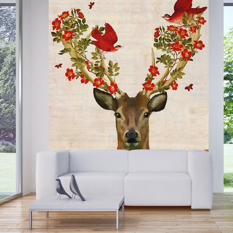 Red Brown Artistry Wallpaper Murals Whole Deer with Flower Antler Wall Art for Bedroom Red Brown Clearhalo 'Wall Decor' 'Wall Mural' 1203356