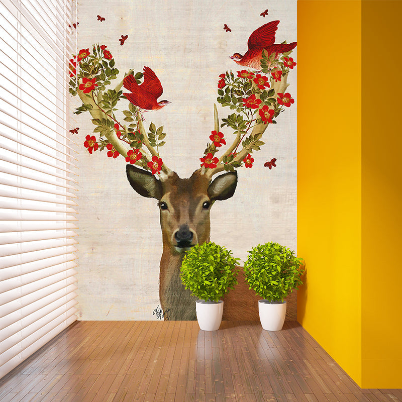 Red Brown Artistry Wallpaper Murals Whole Deer with Flower Antler Wall Art for Bedroom Clearhalo 'Wall Decor' 'Wall Mural' 1203357