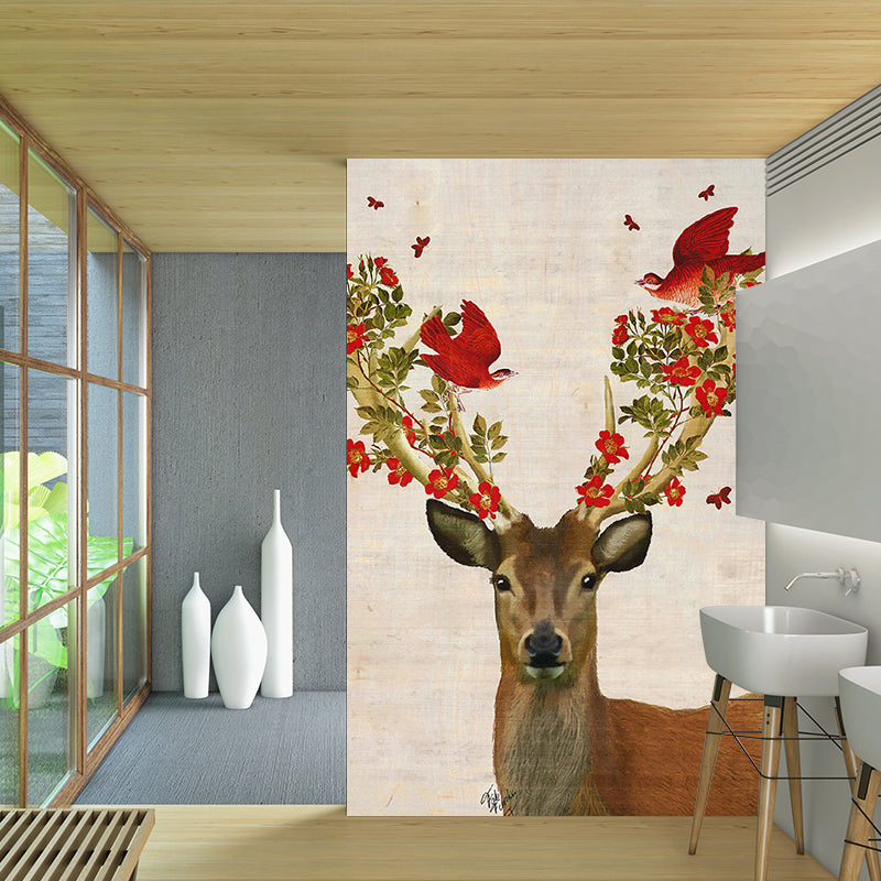 Red Brown Artistry Wallpaper Murals Whole Deer with Flower Antler Wall Art for Bedroom Clearhalo 'Wall Decor' 'Wall Mural' 1203358