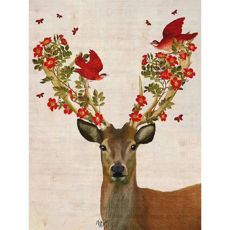 Red Brown Artistry Wallpaper Murals Whole Deer with Flower Antler Wall Art for Bedroom Clearhalo 'Wall Decor' 'Wall Mural' 1203359