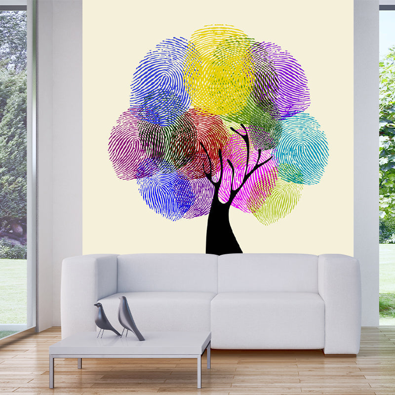 Creative Finger Print Tree Murals Blue-Purple-Yellow Water Resistant Wall Covering for Home Blue-Purple-Yellow Clearhalo 'Wall Decor' 'Wall Mural' 1203366