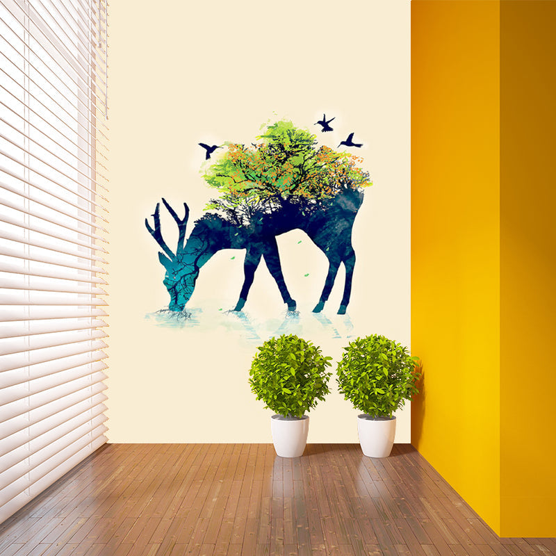 Aesthetics Deer and Forest Mural Decal Blue-Green Living Room Wall Decoration, Custom Size Clearhalo 'Wall Decor' 'Wall Mural' 1203372