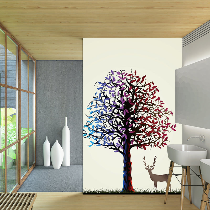 Large Art Deco Wallpaper Murals Blue and Purple Deer Under Tree Pattern Wall Covering, Custom Made Clearhalo 'Wall Decor' 'Wall Mural' 1203378