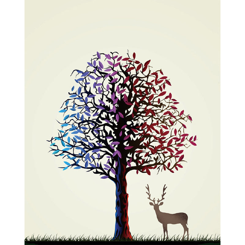 Large Art Deco Wallpaper Murals Blue and Purple Deer Under Tree Pattern Wall Covering, Custom Made Clearhalo 'Wall Decor' 'Wall Mural' 1203379