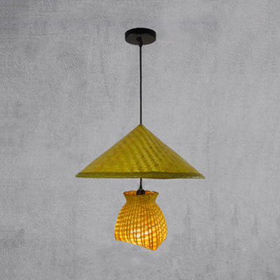 Beige Woven Shade Hanging Lamp Asian Stylish 16.5