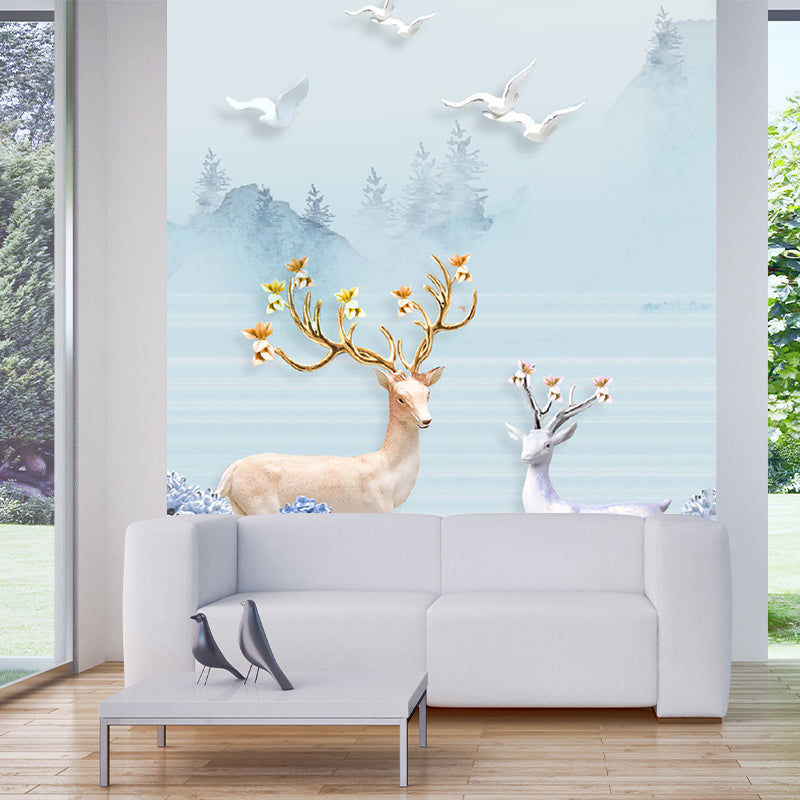 Whole Scenery Wall Paper Murals Nordic Gulls and Deers by the Riverside Wall Art in Blue Blue Clearhalo 'Wall Decor' 'Wall Mural' 1203421