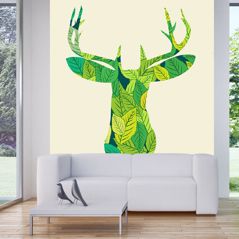 Green Deer-Shaped Leaf Mural Decal Water Resistant Wall Covering for Living Room Green Clearhalo 'Wall Decor' 'Wall Mural' 1203426