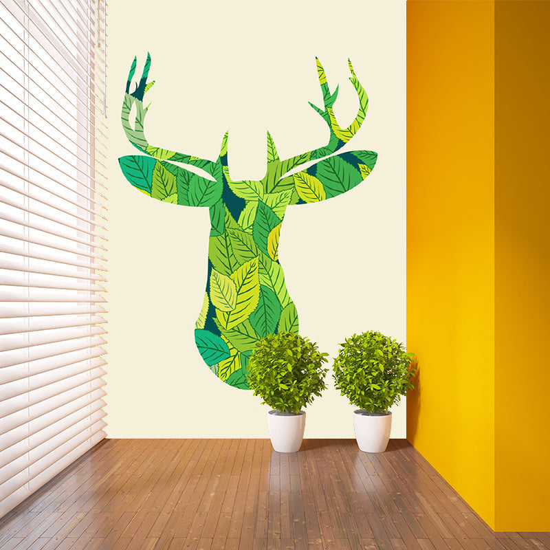 Green Deer-Shaped Leaf Mural Decal Water Resistant Wall Covering for Living Room Clearhalo 'Wall Decor' 'Wall Mural' 1203427