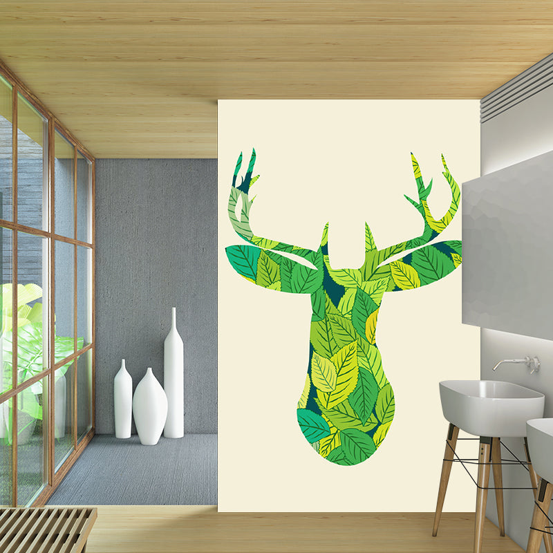 Green Deer-Shaped Leaf Mural Decal Water Resistant Wall Covering for Living Room Clearhalo 'Wall Decor' 'Wall Mural' 1203428