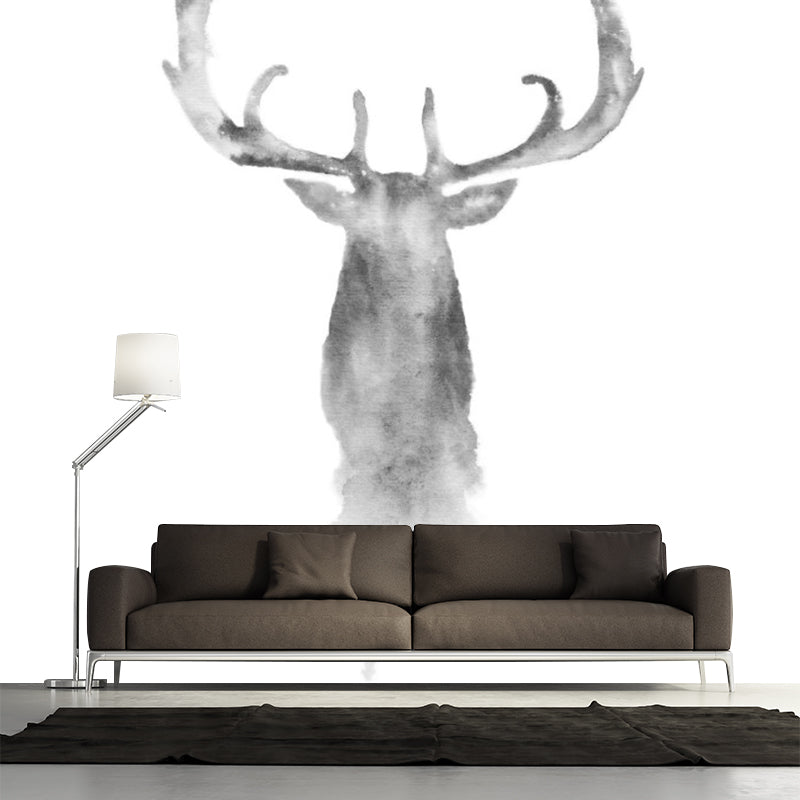 Ink Painting Elk Head Murals Grey Simplicity Wall Art for Bedroom, Custom Size Available Grey Clearhalo 'Wall Decor' 'Wall Mural' 1203436