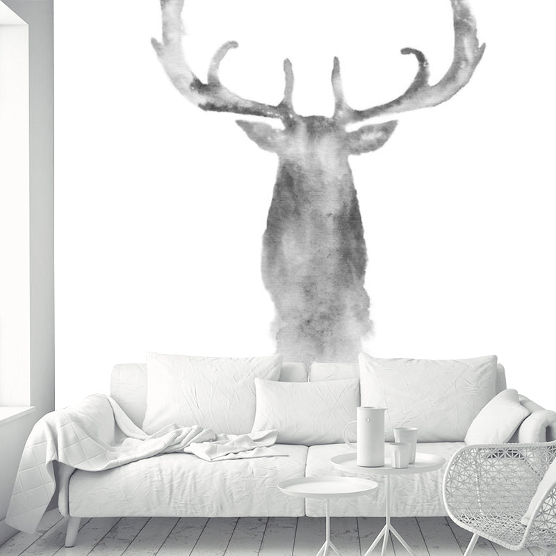 Ink Painting Elk Head Murals Grey Simplicity Wall Art for Bedroom, Custom Size Available Clearhalo 'Wall Decor' 'Wall Mural' 1203437