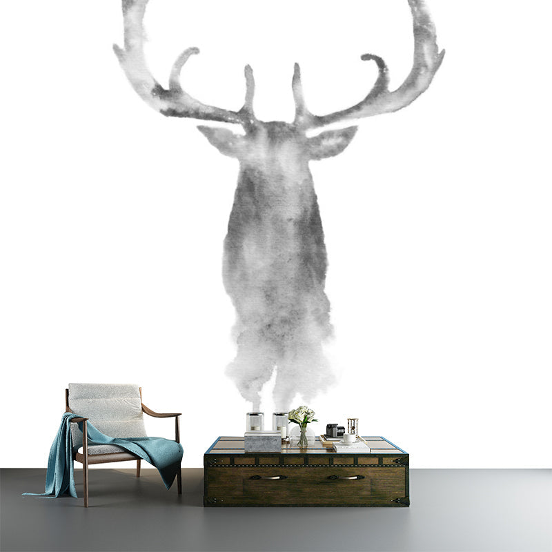 Ink Painting Elk Head Murals Grey Simplicity Wall Art for Bedroom, Custom Size Available Clearhalo 'Wall Decor' 'Wall Mural' 1203438