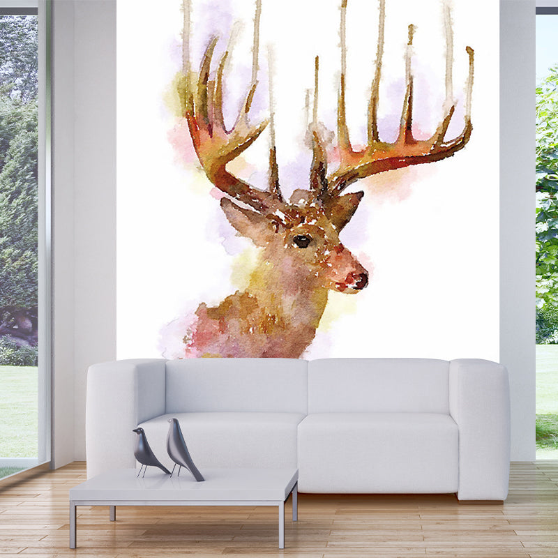 Watercolor Deer Head Mural Wallpaper Art Deco Stain Resistant Bedroom Wall Covering, Custom Made Brown Clearhalo 'Wall Decor' 'Wall Mural' 1203441