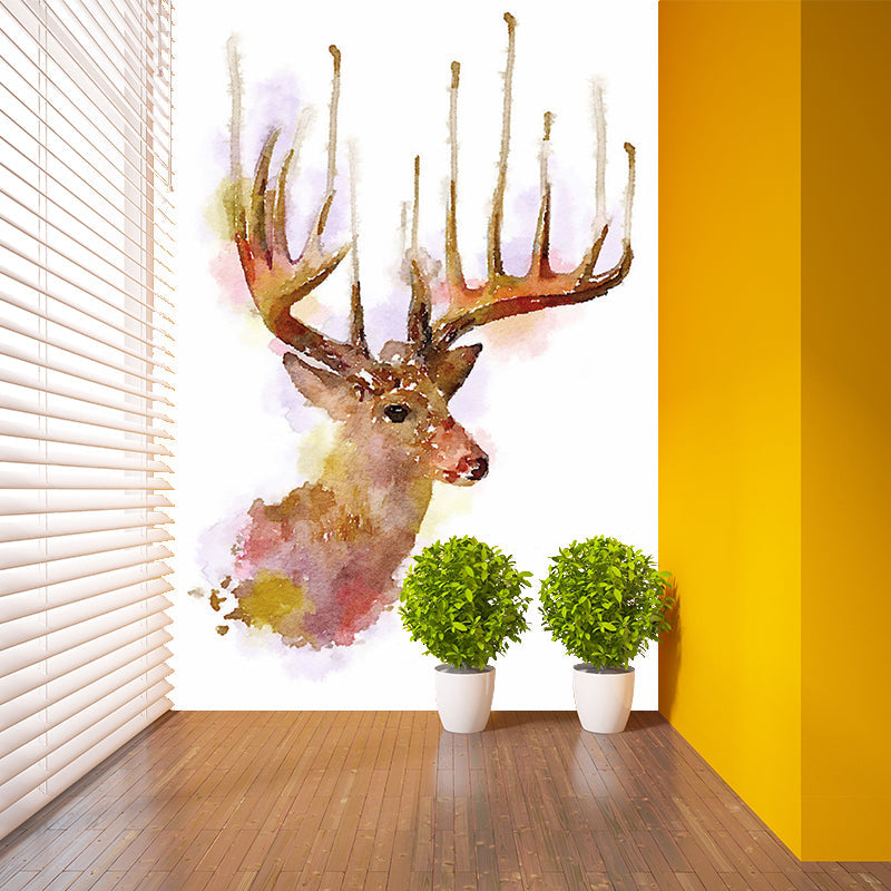Watercolor Deer Head Mural Wallpaper Art Deco Stain Resistant Bedroom Wall Covering, Custom Made Clearhalo 'Wall Decor' 'Wall Mural' 1203442