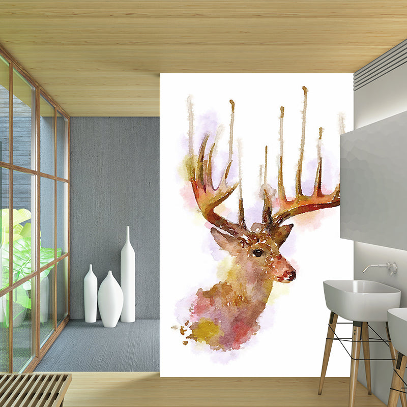 Watercolor Deer Head Mural Wallpaper Art Deco Stain Resistant Bedroom Wall Covering, Custom Made Clearhalo 'Wall Decor' 'Wall Mural' 1203443