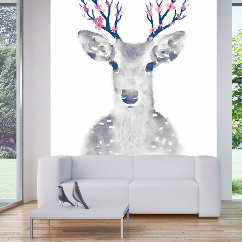 Full-Size Animal Wall Murals for Accent Wall Sika Deer Wall Covering in Grey, Washable Grey Clearhalo 'Wall Decor' 'Wall Mural' 1203452