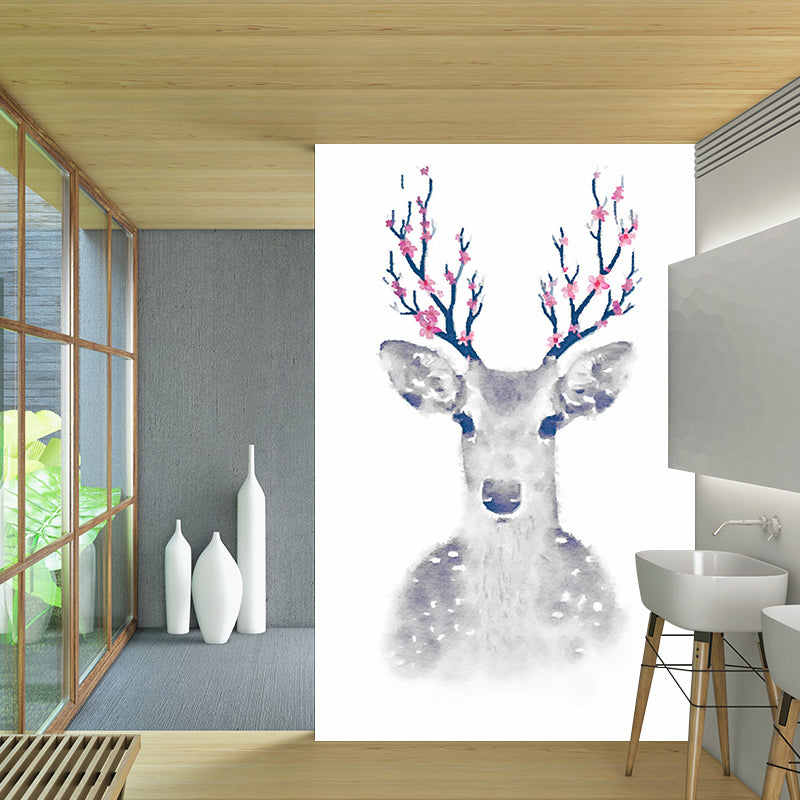 Full-Size Animal Wall Murals for Accent Wall Sika Deer Wall Covering in Grey, Washable Clearhalo 'Wall Decor' 'Wall Mural' 1203454