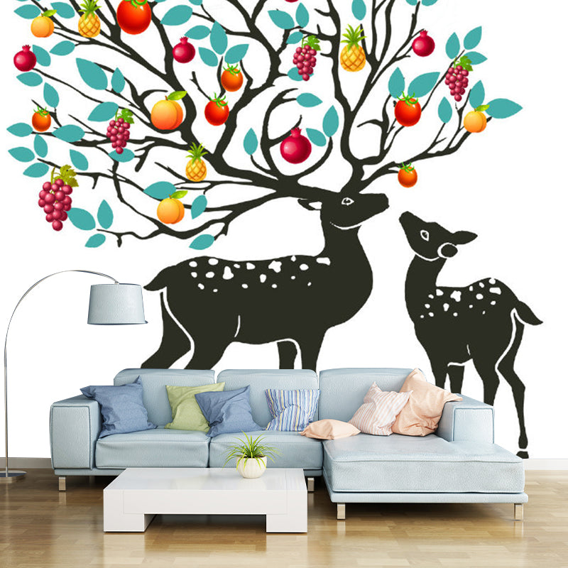 Full Size Decorative Wallpaper Mural Red-Yellow-Blue Sika Deer with Fruit Tree Antler Wall Covering, Custom Print Red-Yellow-Blue Clearhalo 'Wall Decor' 'Wall Mural' 1203464