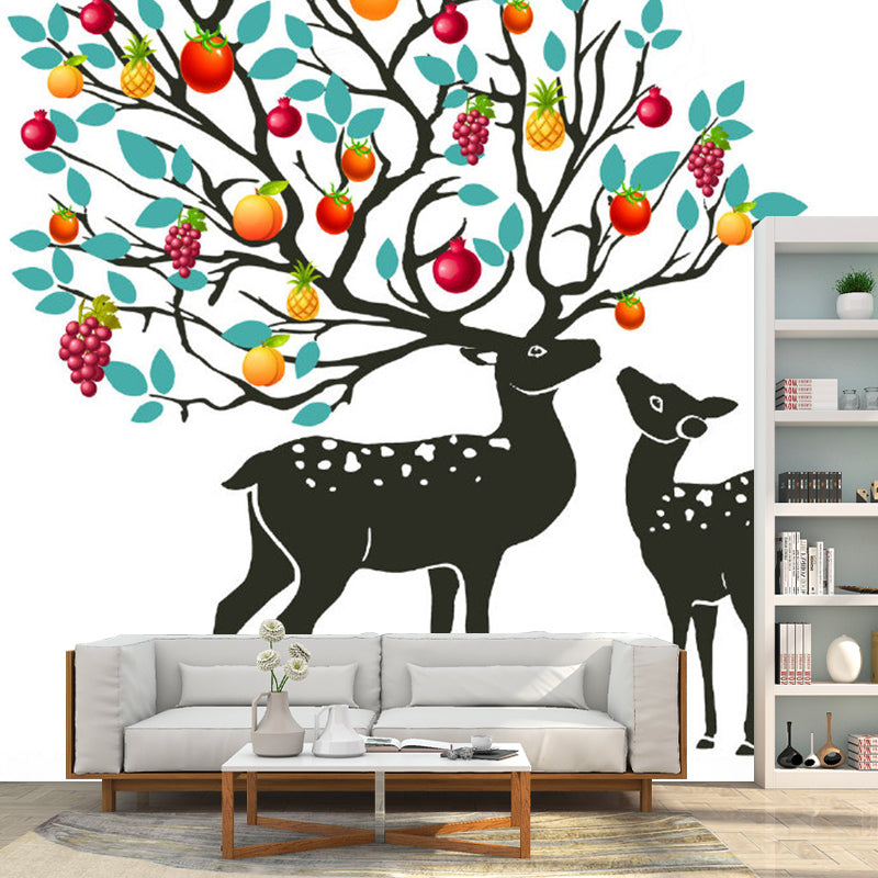 Full Size Decorative Wallpaper Mural Red-Yellow-Blue Sika Deer with Fruit Tree Antler Wall Covering, Custom Print Clearhalo 'Wall Decor' 'Wall Mural' 1203465