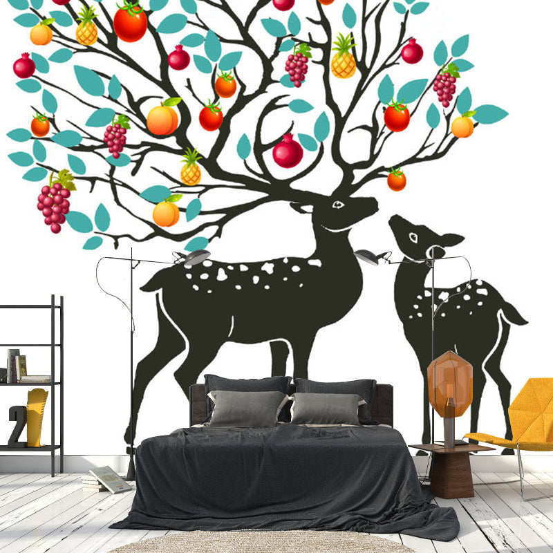 Full Size Decorative Wallpaper Mural Red-Yellow-Blue Sika Deer with Fruit Tree Antler Wall Covering, Custom Print Clearhalo 'Wall Decor' 'Wall Mural' 1203466