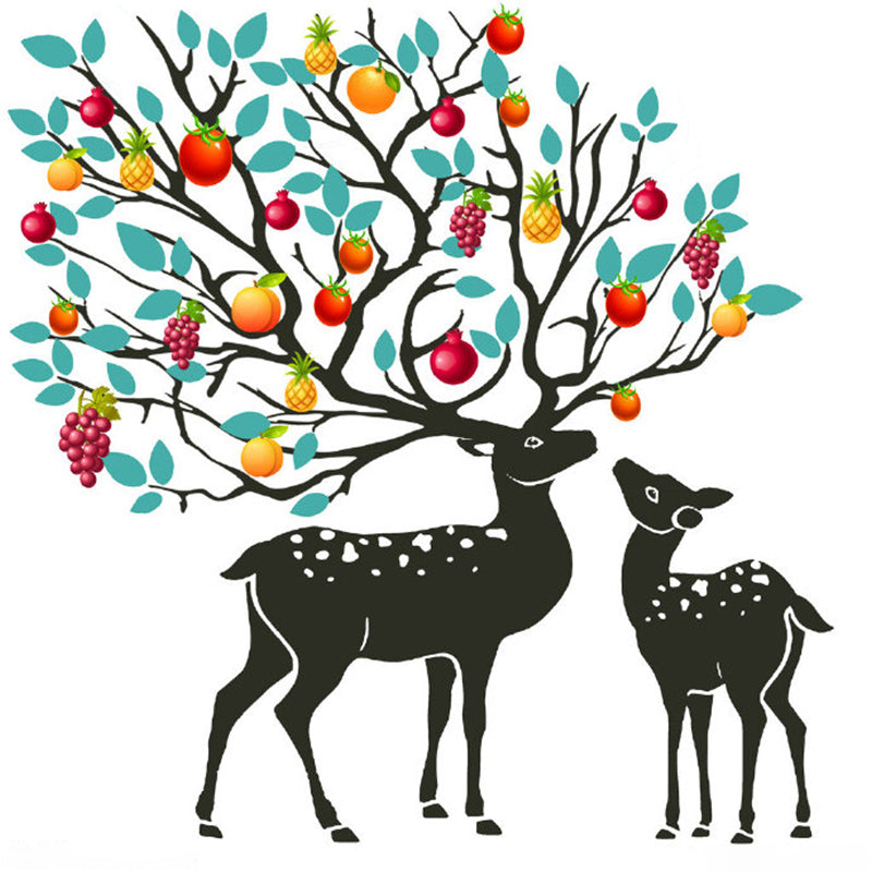 Full Size Decorative Wallpaper Mural Red-Yellow-Blue Sika Deer with Fruit Tree Antler Wall Covering, Custom Print Clearhalo 'Wall Decor' 'Wall Mural' 1203467