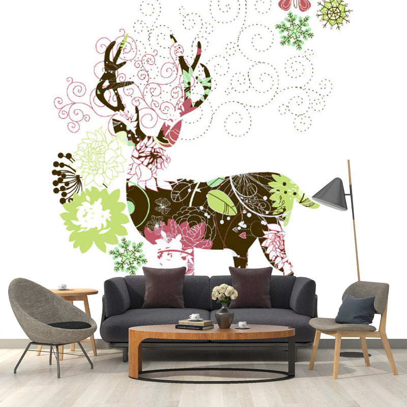 Floral Deer Drawing Murals Art Deco Non-Woven Cloth Wall Covering in Pink and Green Pink-Green Clearhalo 'Wall Decor' 'Wall Mural' 1203471