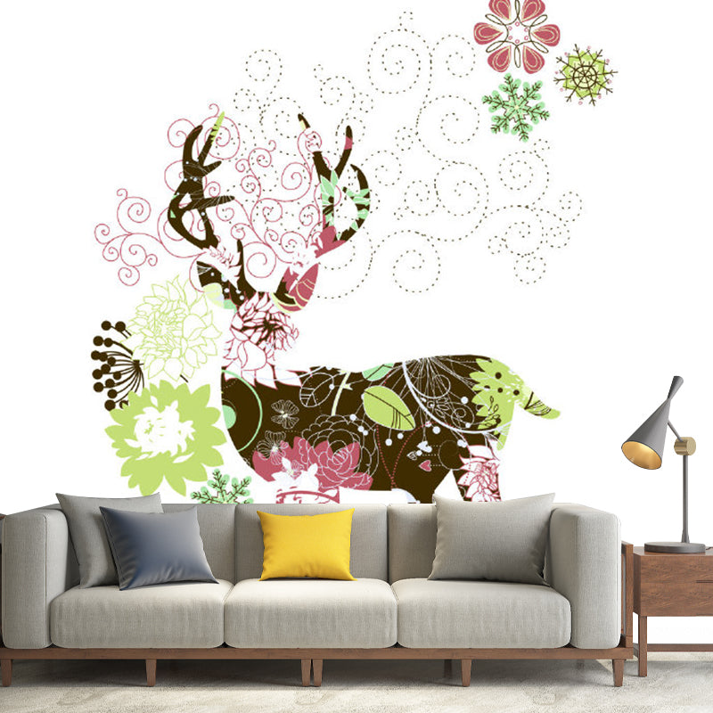 Floral Deer Drawing Murals Art Deco Non-Woven Cloth Wall Covering in Pink and Green Clearhalo 'Wall Decor' 'Wall Mural' 1203472