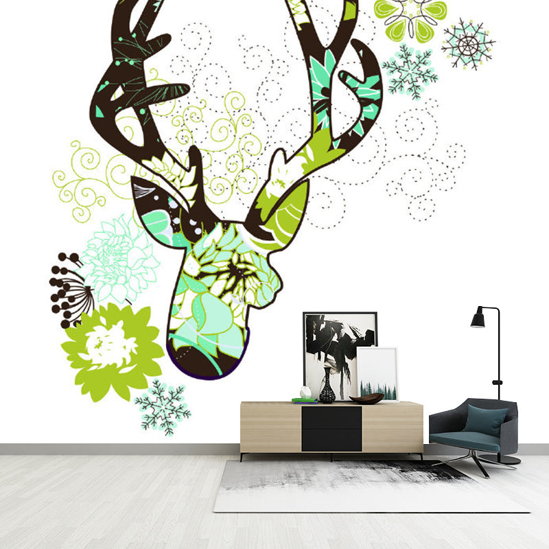 Green Stag Head Wall Mural Decal Aesthetics Waterproof Bedroom Wall Decor, Custom Printed Green Clearhalo 'Wall Decor' 'Wall Mural' 1203476