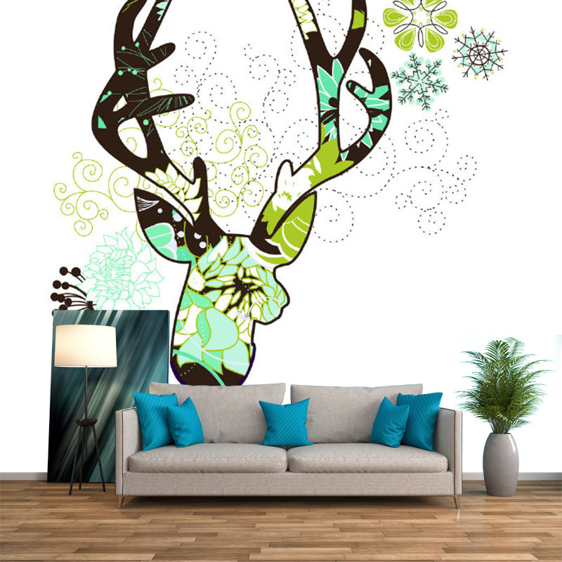 Green Stag Head Wall Mural Decal Aesthetics Waterproof Bedroom Wall Decor, Custom Printed Clearhalo 'Wall Decor' 'Wall Mural' 1203477