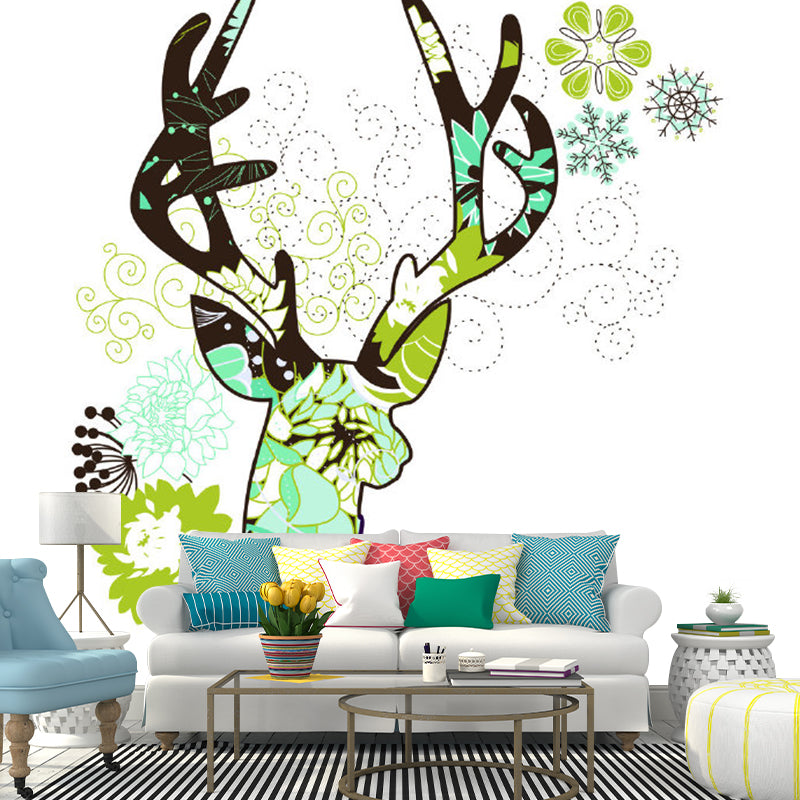 Green Stag Head Wall Mural Decal Aesthetics Waterproof Bedroom Wall Decor, Custom Printed Clearhalo 'Wall Decor' 'Wall Mural' 1203478