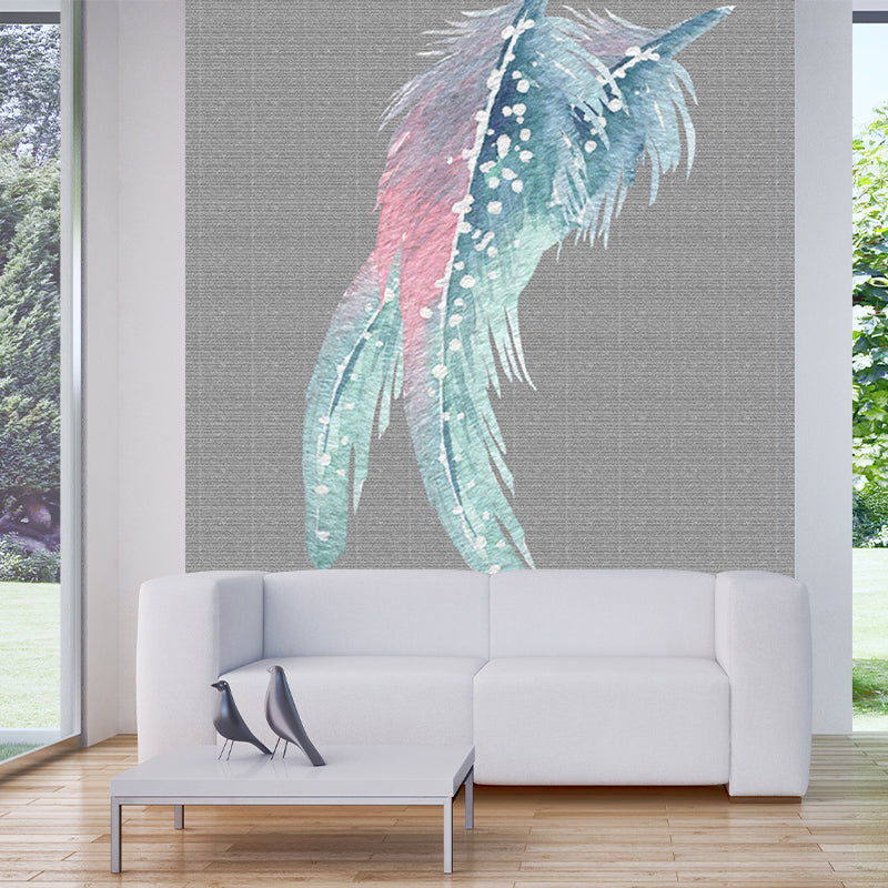 Simple Feather Print Wallpaper Murals for Bedroom Customized Wall Art in Grey-Pink-Green Grey-Pink-Green Clearhalo 'Wall Decor' 'Wall Mural' 1203491