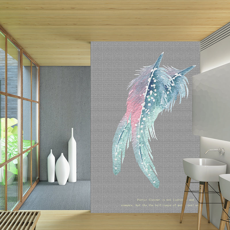 Simple Feather Print Wallpaper Murals for Bedroom Customized Wall Art in Grey-Pink-Green Clearhalo 'Wall Decor' 'Wall Mural' 1203492