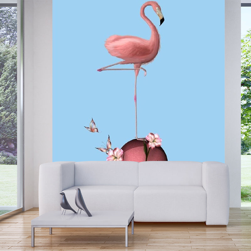 Full Size Modern Wall Mural Decal Pink-Blue Flamingo Stand on Flower Ball Wall Covering, Custom Size Pink-Blue Clearhalo 'Wall Decor' 'Wall Mural' 1203506