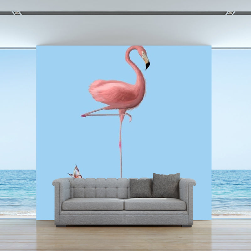 Full Size Modern Wall Mural Decal Pink-Blue Flamingo Stand on Flower Ball Wall Covering, Custom Size Clearhalo 'Wall Decor' 'Wall Mural' 1203507