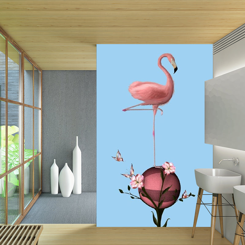 Full Size Modern Wall Mural Decal Pink-Blue Flamingo Stand on Flower Ball Wall Covering, Custom Size Clearhalo 'Wall Decor' 'Wall Mural' 1203508