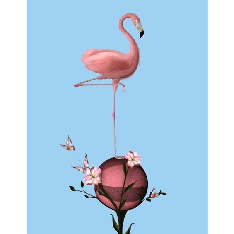 Full Size Modern Wall Mural Decal Pink-Blue Flamingo Stand on Flower Ball Wall Covering, Custom Size Clearhalo 'Wall Decor' 'Wall Mural' 1203509