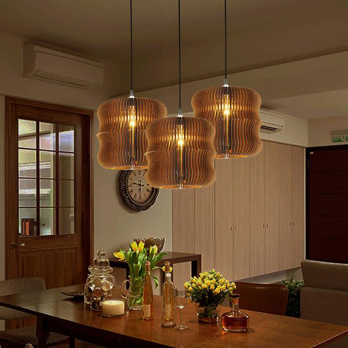 Woven Shade Hanging Lighting Asian Style Corrugated Paper 1 Bulb Restaurant Pendant Lamp in Beige/Brown Clearhalo 'Ceiling Lights' 'Pendant Lights' 'Pendants' Lighting' 120353