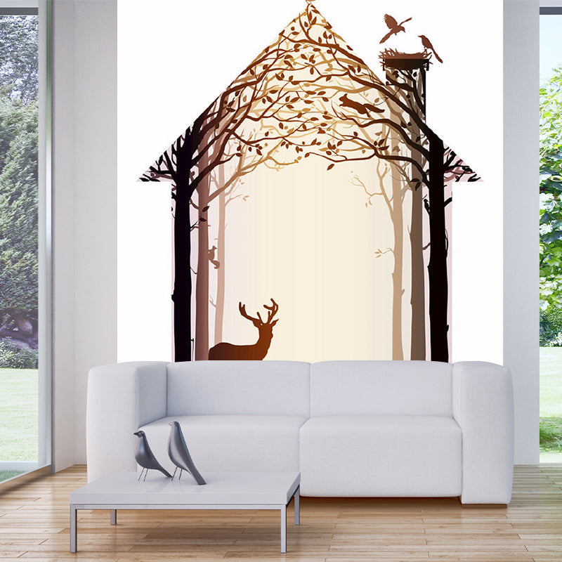 Non-Woven Whole Brown Murals Modern Deer inside the Tree House Wall Decor, Customized Size Brown Clearhalo 'Wall Decor' 'Wall Mural' 1203531