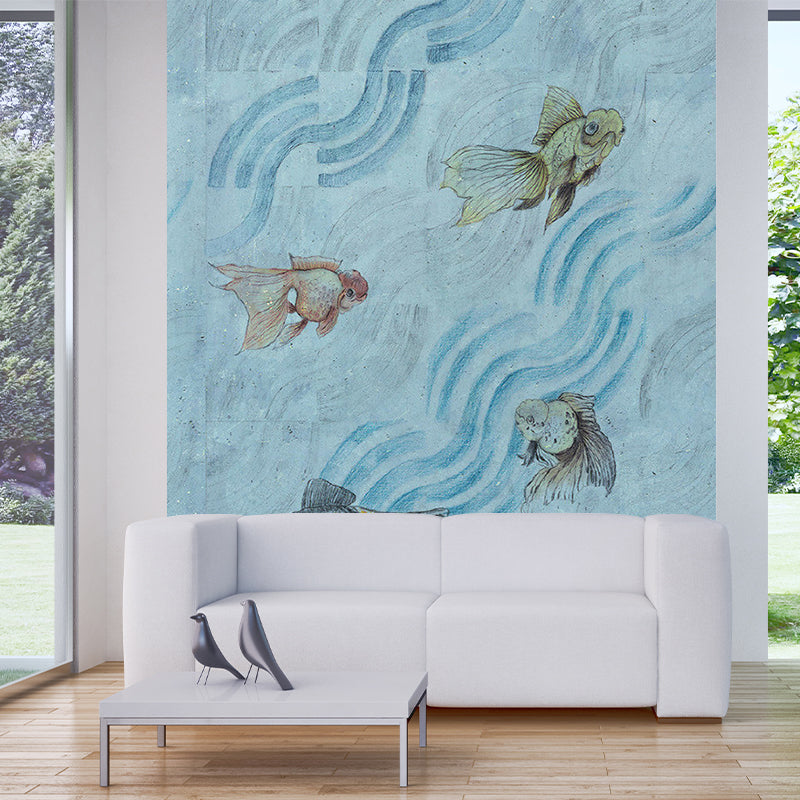 Goldfish in Flowing Steam Murals Grey-Blue Art Deco Wall Covering for Kids Bedroom Gray-Blue Clearhalo 'Wall Decor' 'Wall Mural' 1203546