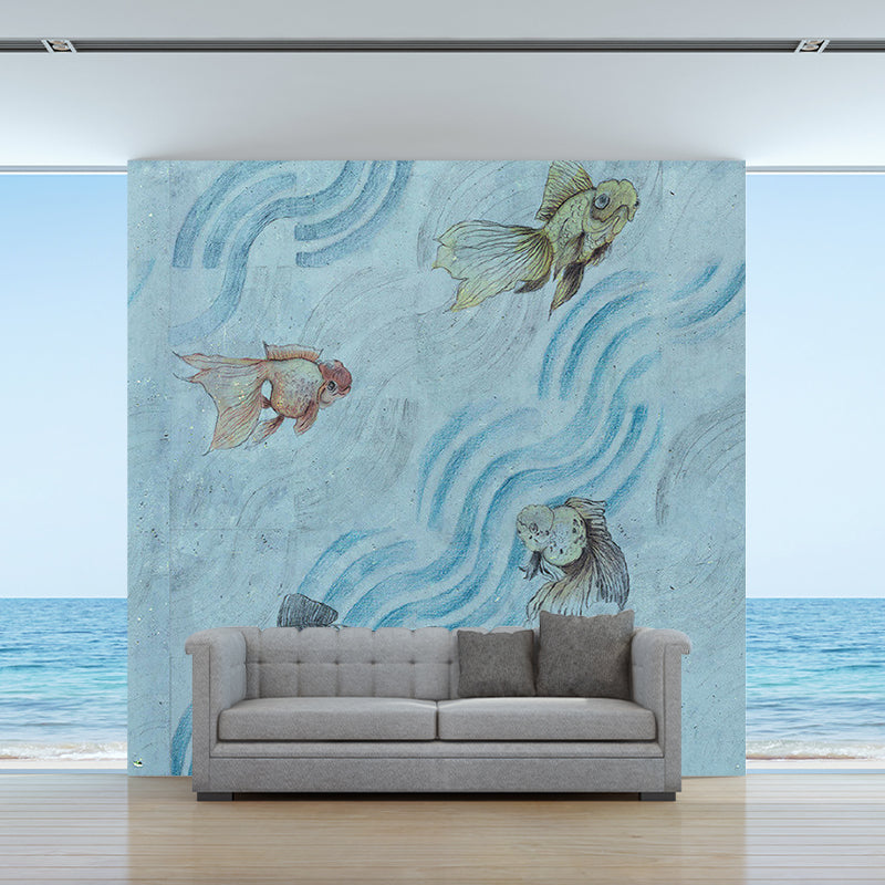 Goldfish in Flowing Steam Murals Grey-Blue Art Deco Wall Covering for Kids Bedroom Clearhalo 'Wall Decor' 'Wall Mural' 1203547