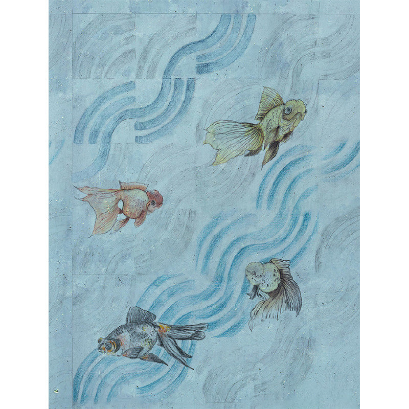 Goldfish in Flowing Steam Murals Grey-Blue Art Deco Wall Covering for Kids Bedroom Clearhalo 'Wall Decor' 'Wall Mural' 1203549