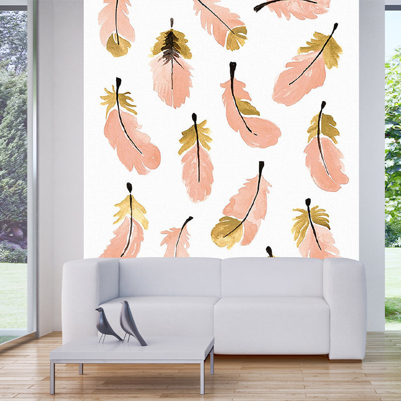 Orange Pink Feathers Mural Decal Stain Resistant Stylish Bedroom Wall Art, Non-Woven Cloth Orange Pink Clearhalo 'Wall Decor' 'Wall Mural' 1203556