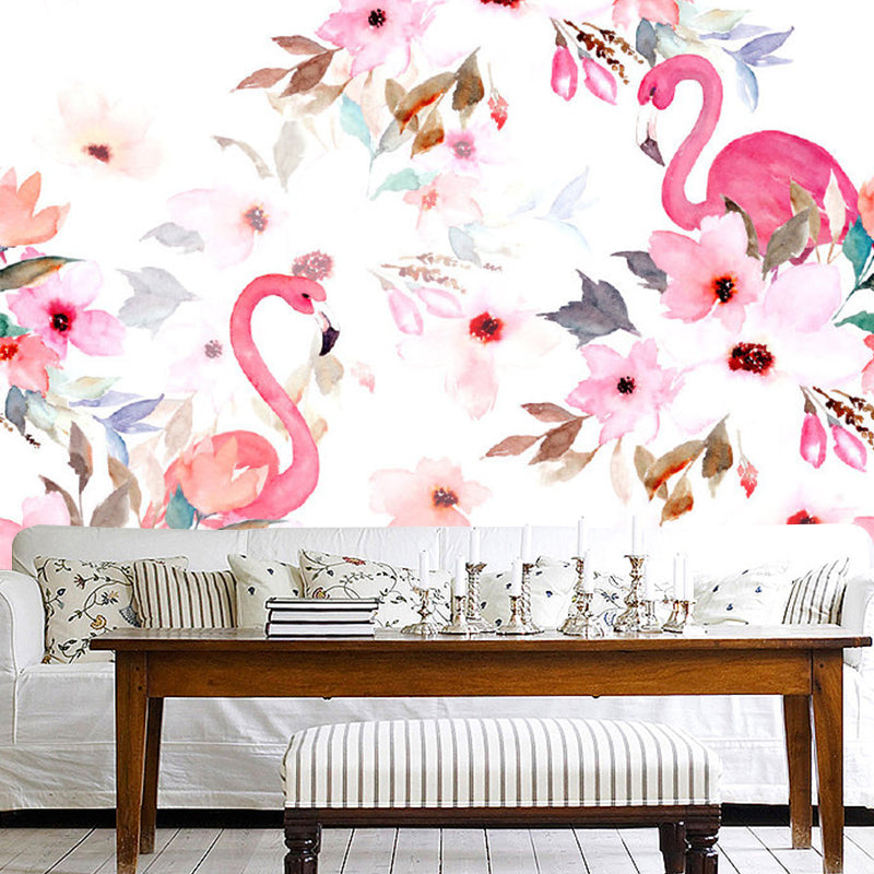 Flamingo Flower Print Wall Murals Tropical Non-Woven Fabric Wall Decor in Pink for Home Pink Clearhalo 'Wall Decor' 'Wall Mural' 1203566