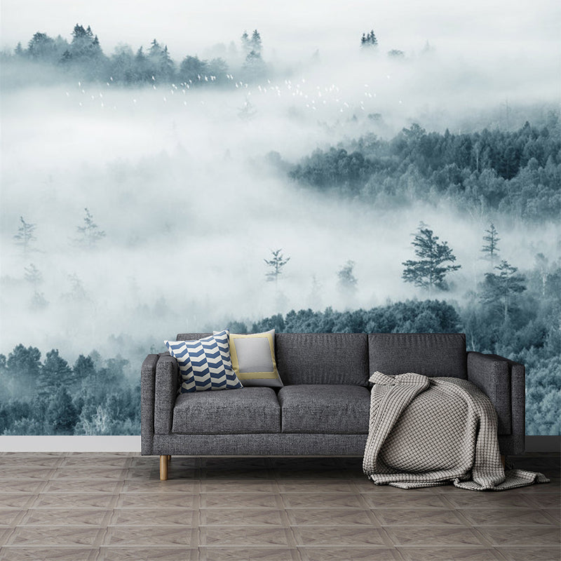 Misty Mountain Overlook Mural Wallpaper Grey and Green Contemporary Wall Decor for Bedroom Gray-Green Clearhalo 'Wall Decor' 'Wall Mural' 1203571