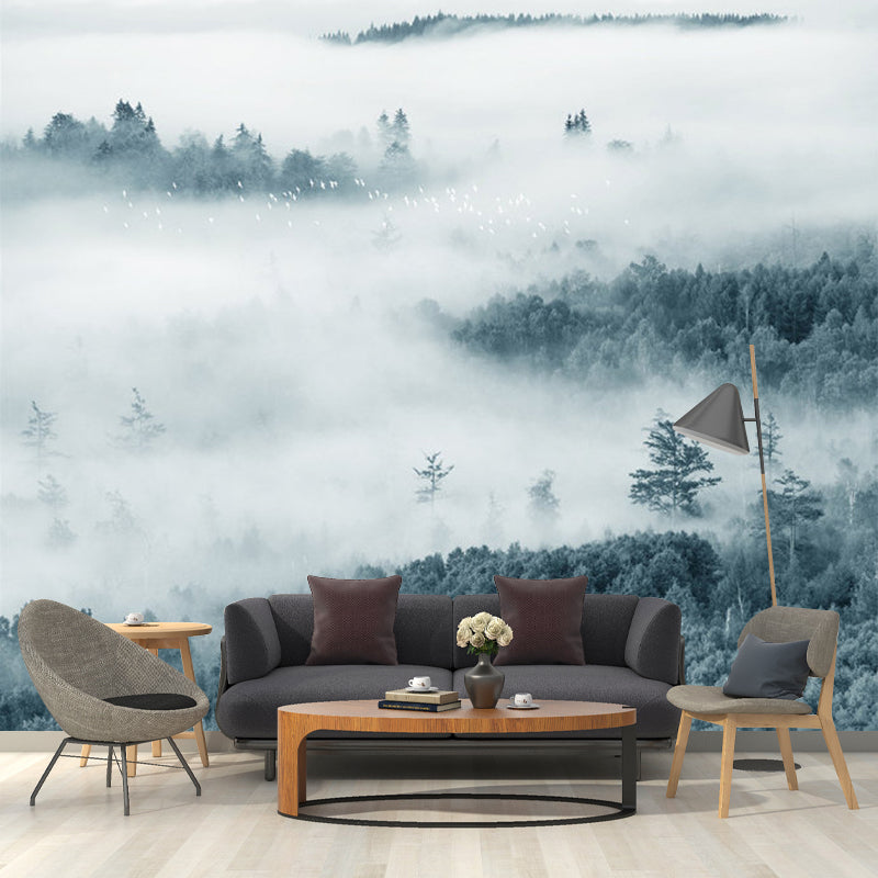 Misty Mountain Overlook Mural Wallpaper Grey and Green Contemporary Wall Decor for Bedroom Clearhalo 'Wall Decor' 'Wall Mural' 1203572