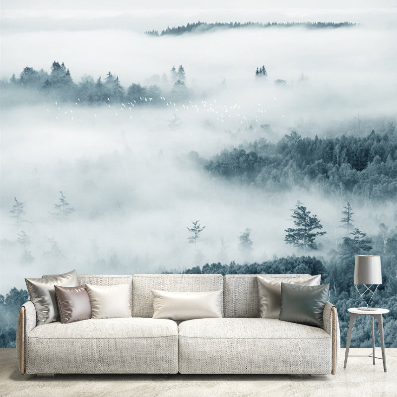 Misty Mountain Overlook Mural Wallpaper Grey and Green Contemporary Wall Decor for Bedroom Clearhalo 'Wall Decor' 'Wall Mural' 1203573