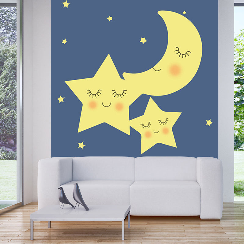 Cartoon Moon and Star Murals for Baby Room Customized Wall Covering in Yellow-Blue Yellow-Blue Clearhalo 'Wall Decor' 'Wall Mural' 1203586