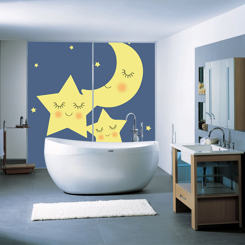 Cartoon Moon and Star Murals for Baby Room Customized Wall Covering in Yellow-Blue Clearhalo 'Wall Decor' 'Wall Mural' 1203587