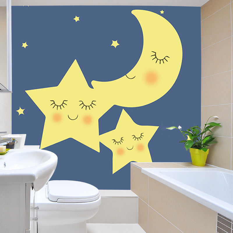 Cartoon Moon and Star Murals for Baby Room Customized Wall Covering in Yellow-Blue Clearhalo 'Wall Decor' 'Wall Mural' 1203588