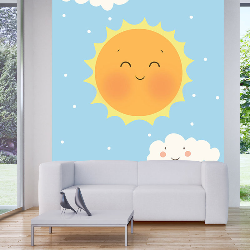 Smiling Sun and Cloud Mural Wallpaper Cartoon Waterproof Kids Bedroom Wall Decor Yellow-Blue Clearhalo 'Wall Decor' 'Wall Mural' 1203591